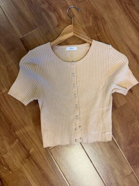 Active USA Ribbed Pearl-Button Short Sleeve Top - Butter Yellow